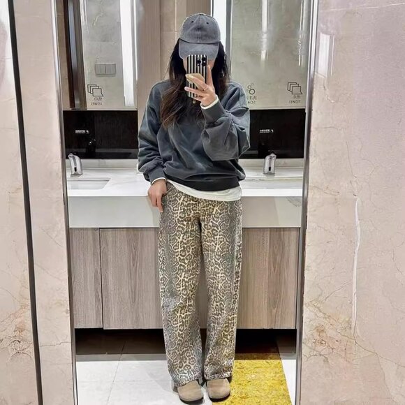 Leopard Print Denim Jeans Women High Rise Baggy Y2k 32 Inseam Stylish - Picture 5 of 6